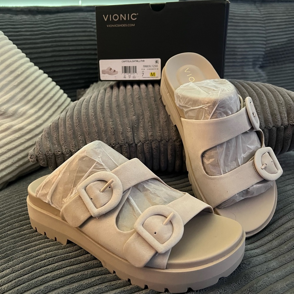 Vionic Cream Sandals with Cushioned Comfort and Velcro Closure